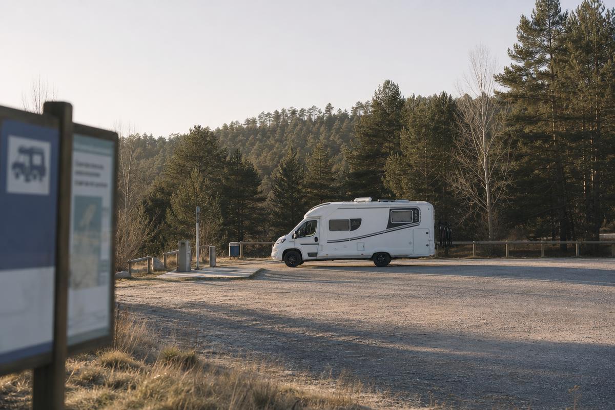 Autocaravana estacionada en área de servicio del interior de Cataluña