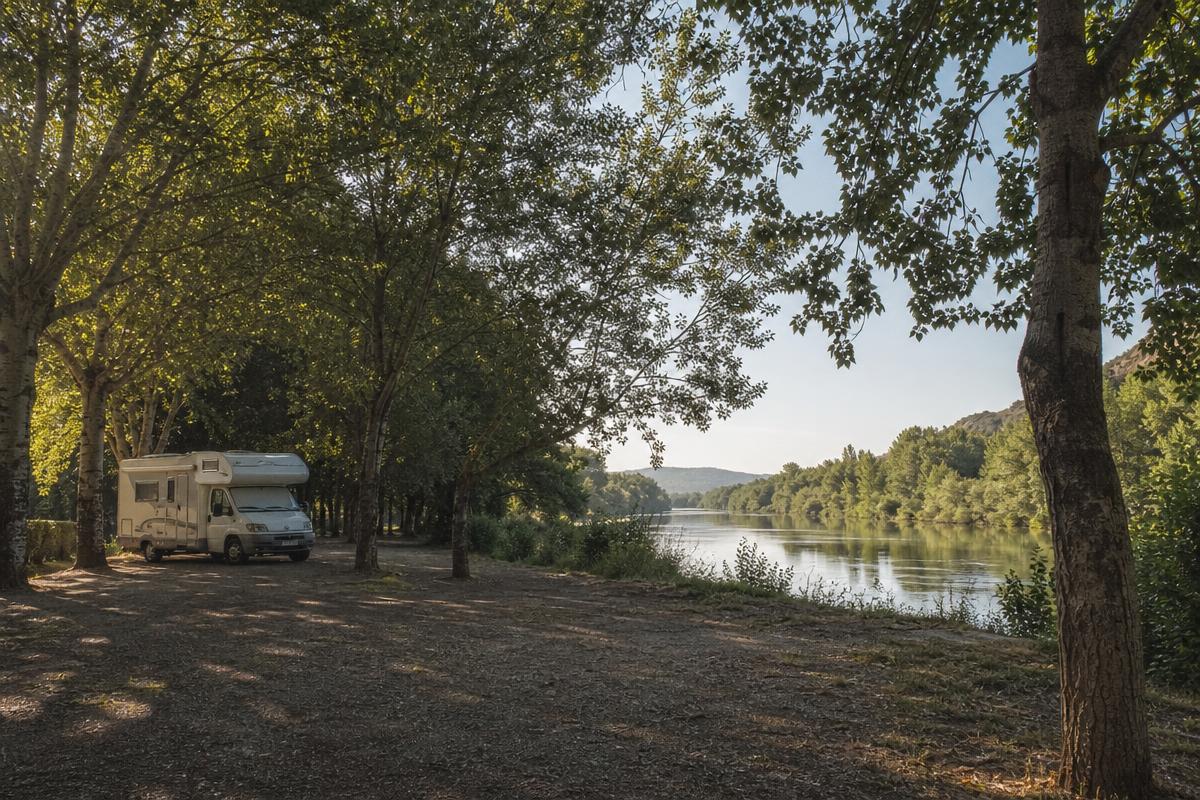 Área gratuita de autocaravanas junto al río en el interior de Lleida