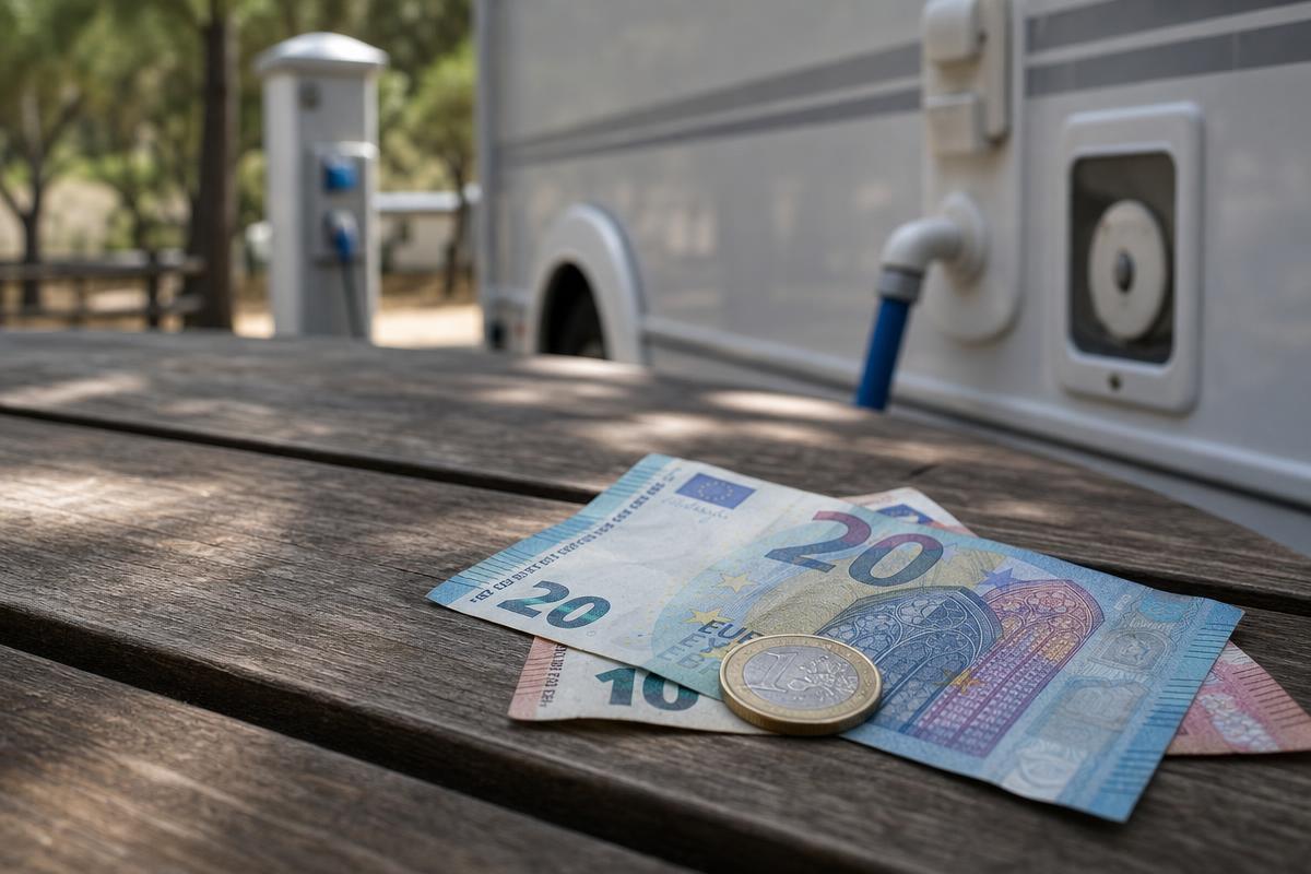 Detalle de monedas y billetes junto a un punto de servicio de área de autocaravanas