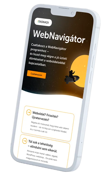 Telefonképernyő, amelyen a WebNavigátor program hirdetése, egy „Csatlakozom” feliratú gombbal és egy rakétán utazó személy grafikájával látható, aki egy nagy sárga hold mellett halad el.