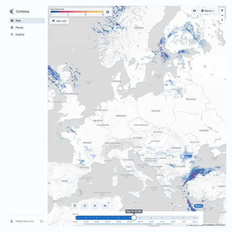 Weather data dashboard displaying local rain data from across Europe