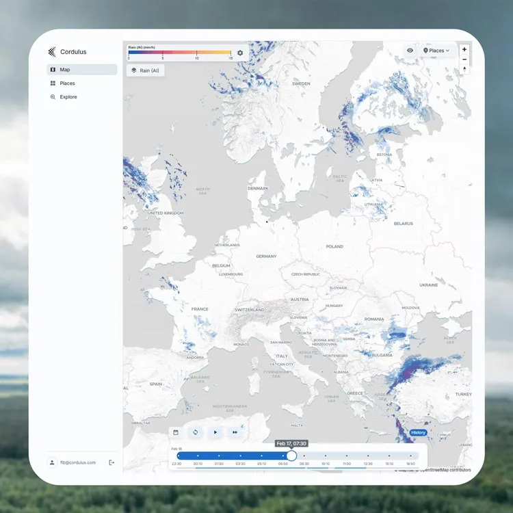 Weather data dashboard displaying local rain data from across Europe