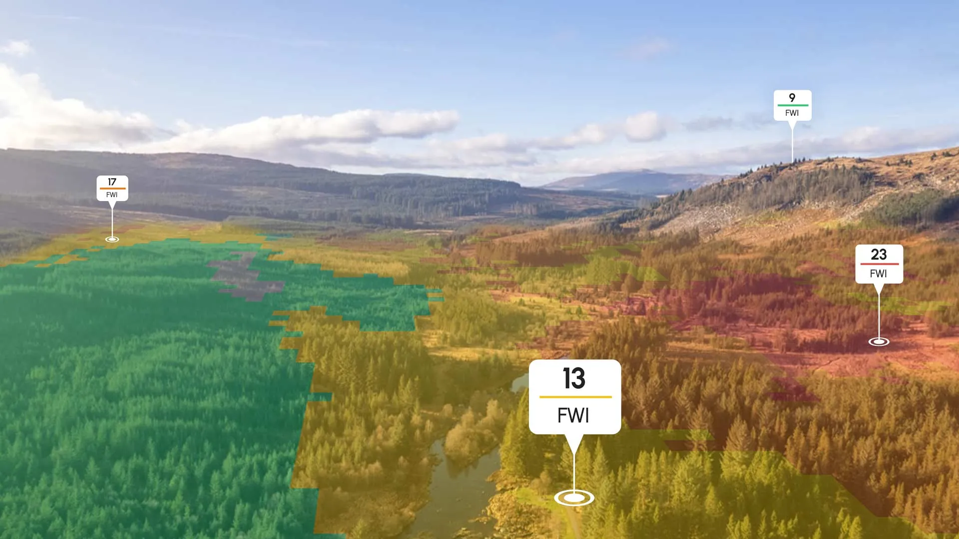 Local fire weather index (FWI) readings across a hilly forest landscape
