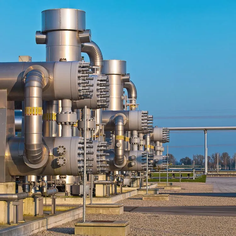 Row of large industrial metal pipes and valves in an outdoor facility under a clear blue sky.