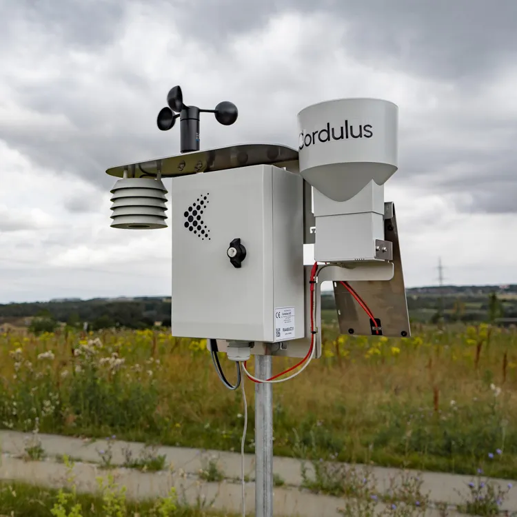 Cordulus site weather station with sensors mounted on a pole in a grassy field under a cloudy sky.