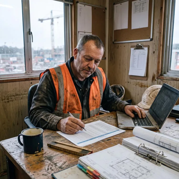 A construction worker wearing an orange safety vest sits at a wooden desk inside an office, writing on a paper form with one hand while using a laptop with the other, surrounded by blueprints and a coffee mug, with windows showing an outdoor construction site.