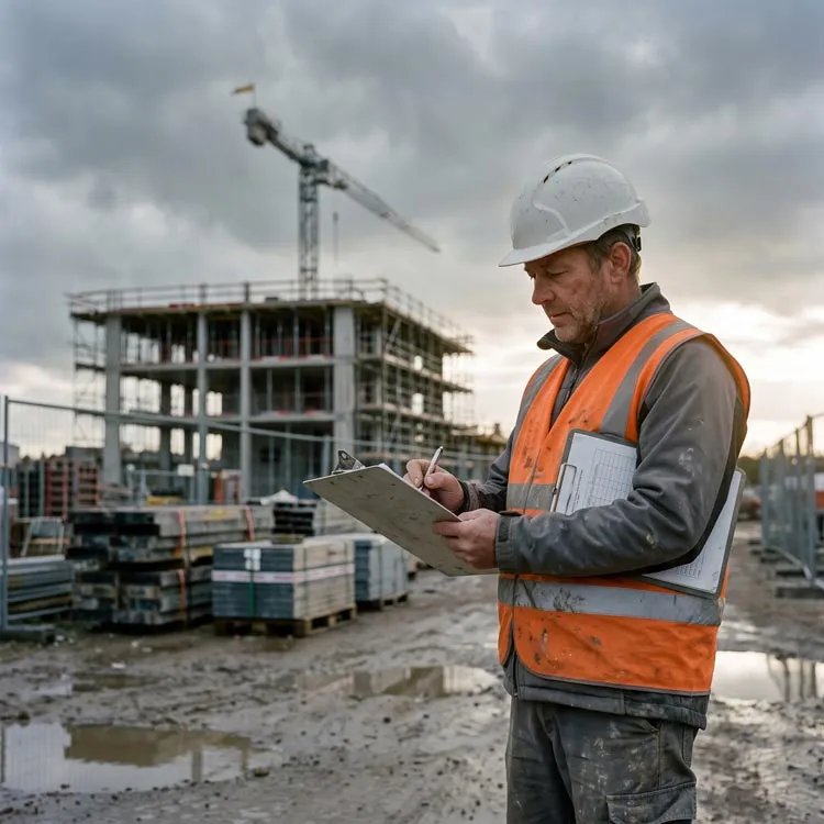 Construction worker wearing a white hard hat and orange safety vest writing on a clipboard at a muddy construction site with building materials and a crane in the background.