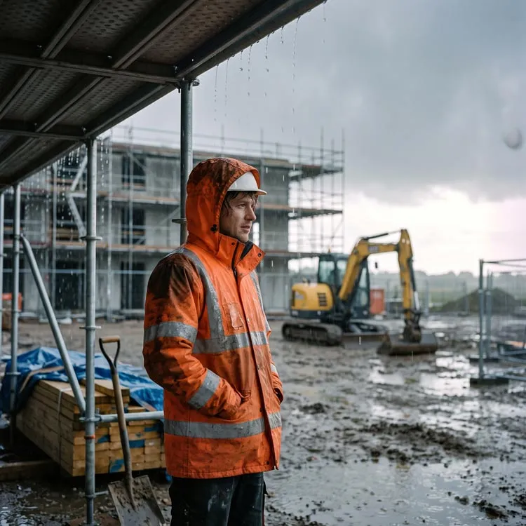 Construction worker wearing an orange reflective rain jacket and white hard hat standing under shelter at a muddy construction site in rainy weather with an excavator and scaffolding in the background.