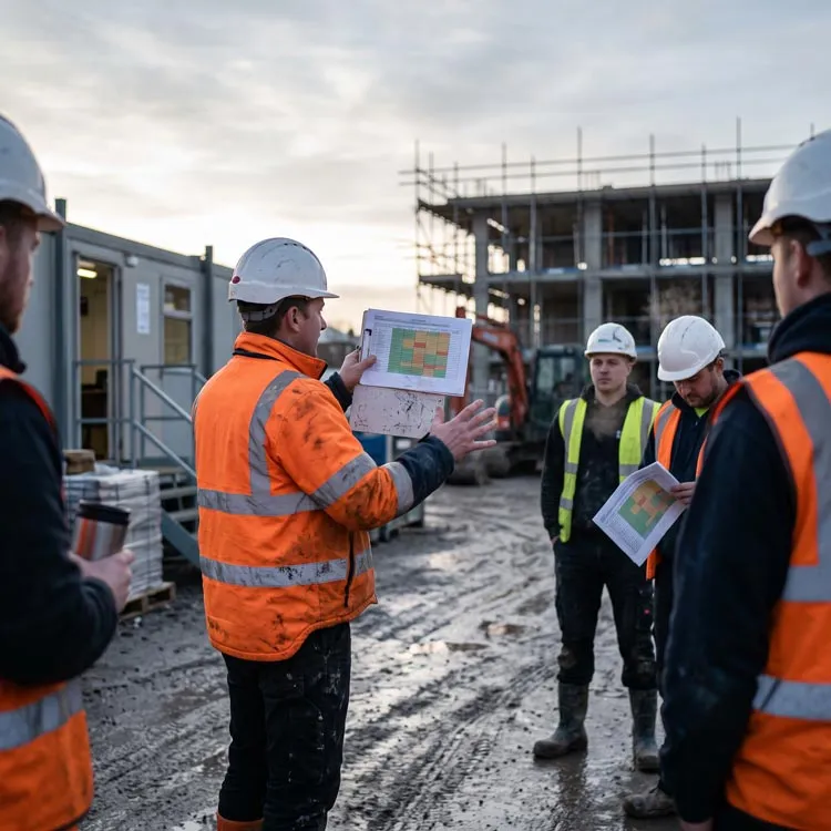 Construction workers wearing hard hats and high-visibility clothing stand on a muddy site at dusk, discussing and holding papers with color-coded charts, with a partially built structure and scaffolding in the background.
