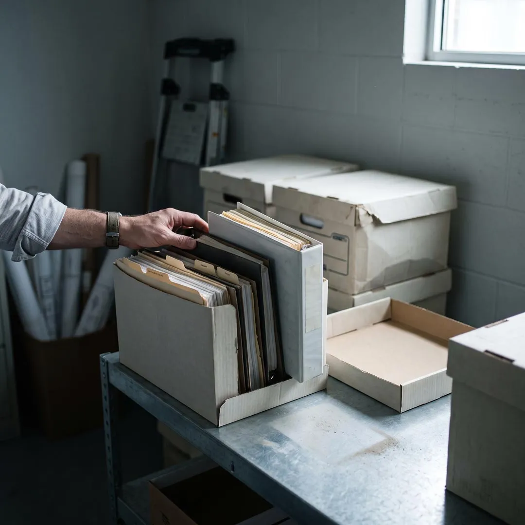 A person's hand reaching to open a gray file box filled with folders and binders on a metal table, with stacked cardboard storage boxes in the background near a window.