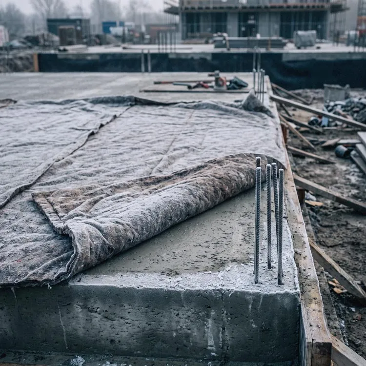 Freshly poured concrete slab at a construction site partially covered with insulating blankets to protect it in cold weather, with exposed rebar rods and surrounding construction materials.