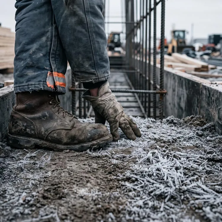 Close-up of a construction worker's boot and gloved hand on frosty, rough concrete ground with metal rebar structure at a building site.