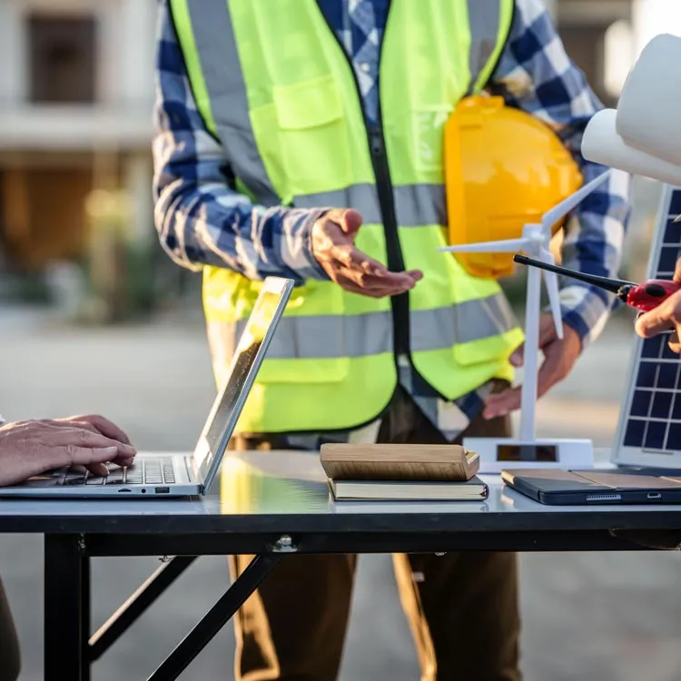 Discussing a project around a table with a laptop, notebooks, a model wind turbine, and a solar panel under sunlight.