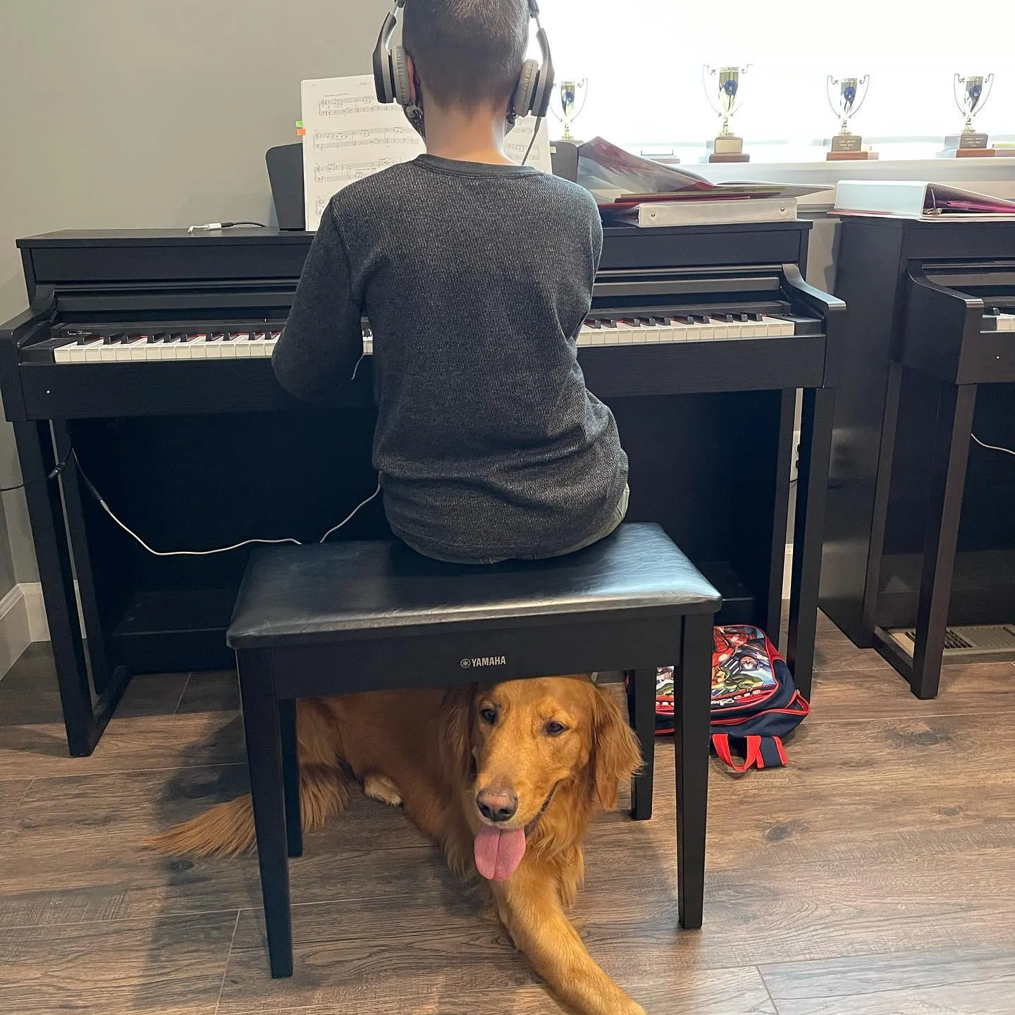 boy at piano with ollie under bench