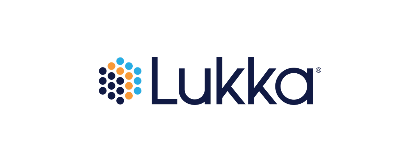 Lukka company logo with stylized hexagon of blue and orange dots and navy blue text.