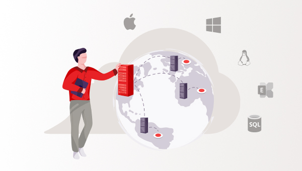 Person holding server near globe with servers and icons for Apple, Windows, Linux, Exchange, and SQL.