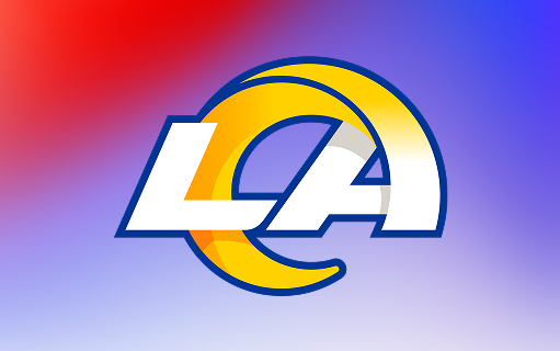 Los Angeles Rams logo with stylized LA letters over a yellow ram's horn on a red to blue gradient background.
