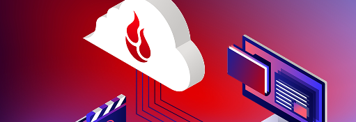 Isometric cloud with flame icon linked to a media player and computer screen on a red gradient background.