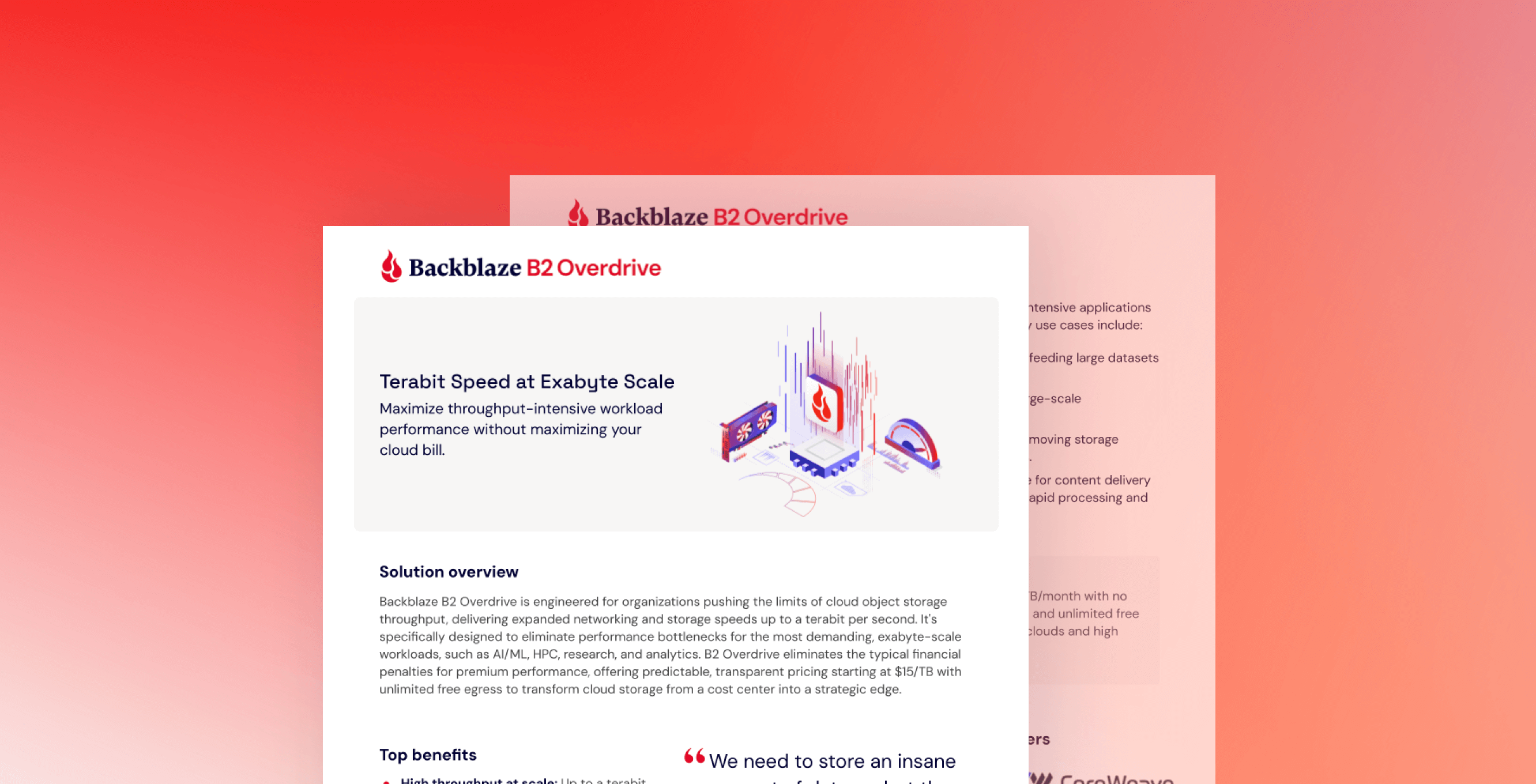 Backblaze B2 Overdrive page highlighting terabit speed at exabyte scale for cloud storage workloads.