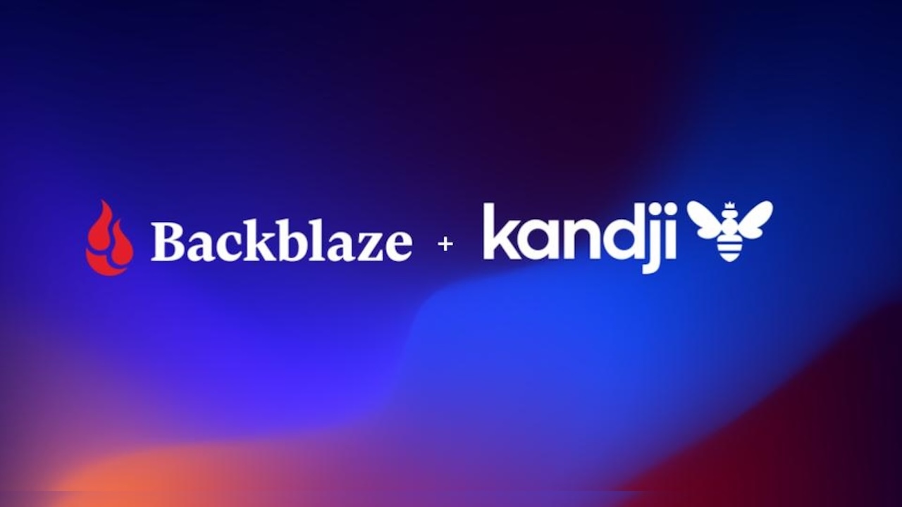 Logos of Backblaze and Kandji side by side on a blue and purple gradient background.