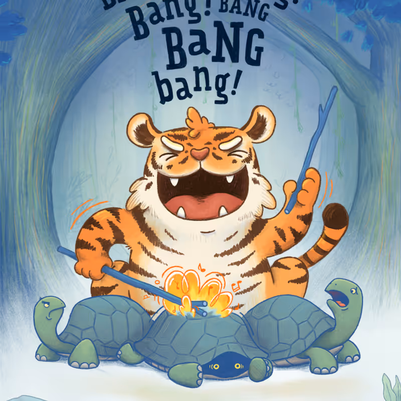 A happy tiger beats on turtle shells with drumb sticks, energetic type and color palett. Fun modern cartoony children's book art illustrated by Taylor Woolley, an author and illustrator from Atlanta, Illinois, and Cincinnati Ohio.