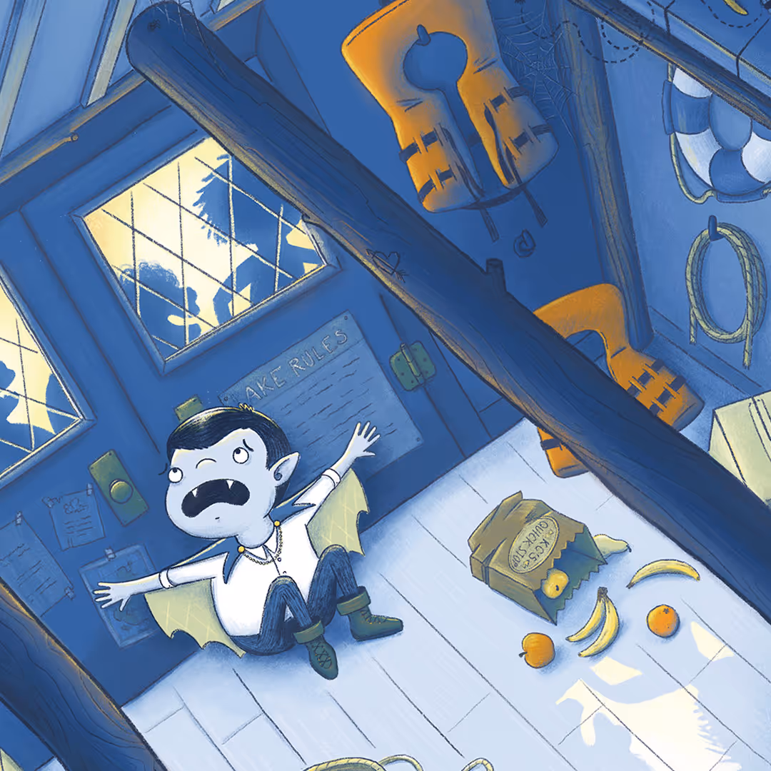 A scared vampire hides in the boat shed of a summer camp as campers run past the door, limited color palet children's book illustration, funny holiday story. Fun modern cartoony children's book art illustrated by Taylor Woolley, an author and illustrator from Atlanta, Illinois, and Cincinnati Ohio.