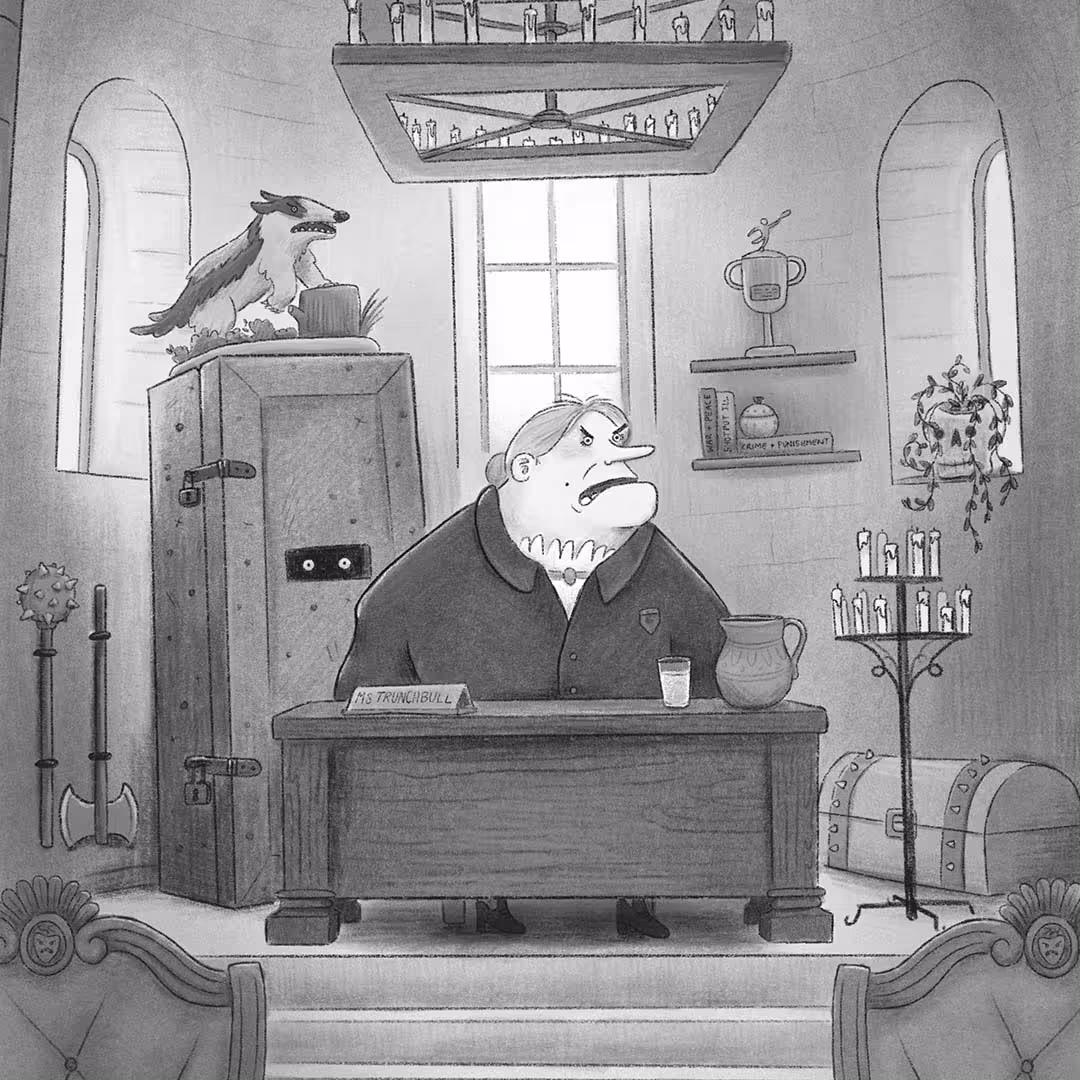 black and white illustration Matilda chapter book interior Fun modern cartoony children's book art illustrated by Taylor Woolley, an author and illustrator from Atlanta, Illinois, and Cincinnati Ohio.