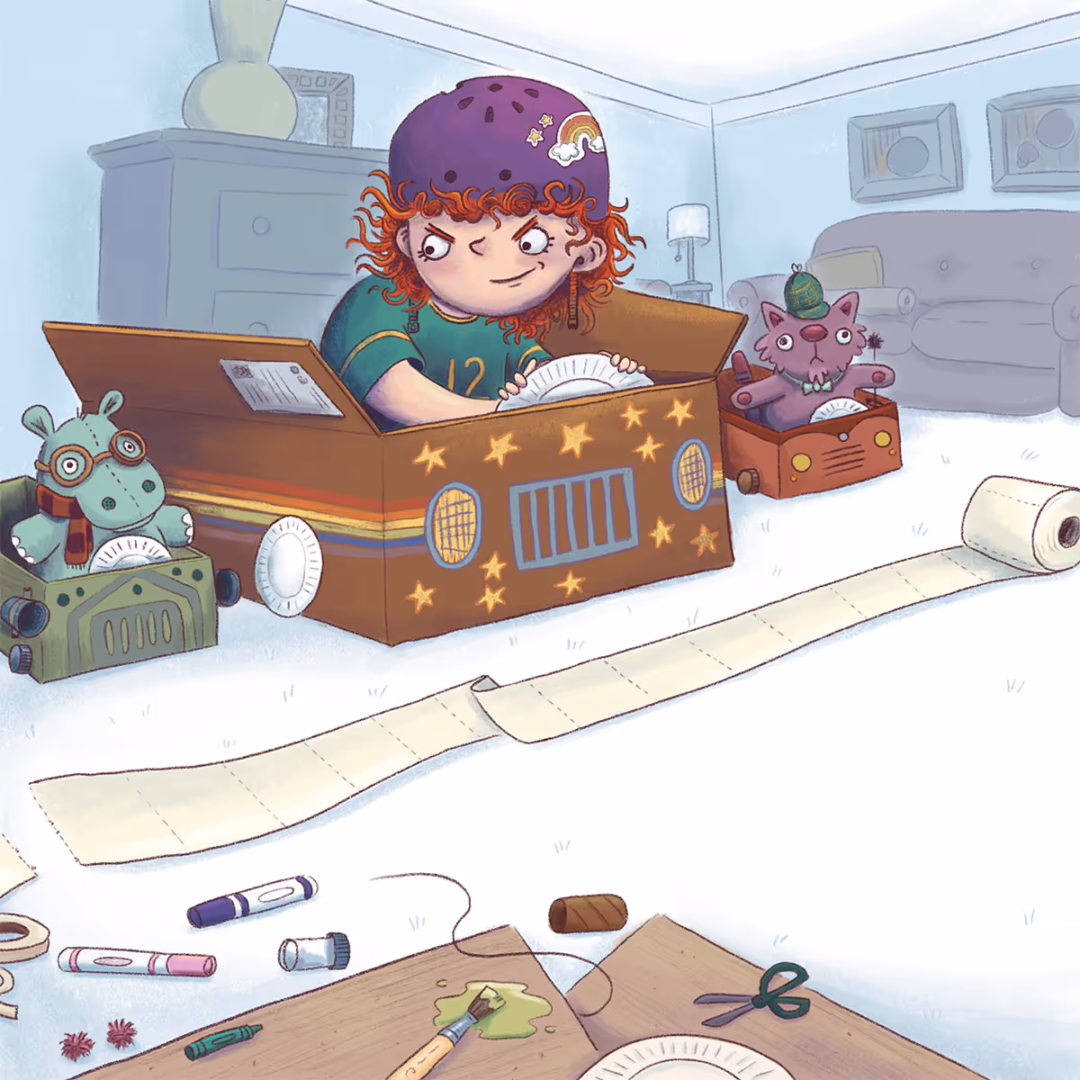 A girl in a cardboard box race car sits at a toiletpaper starting line with her two stuffed toys, ready to race. Fun modern cartoony children's book art illustrated by Taylor Woolley, an author and illustrator from Atlanta, Illinois, and Cincinnati Ohio.