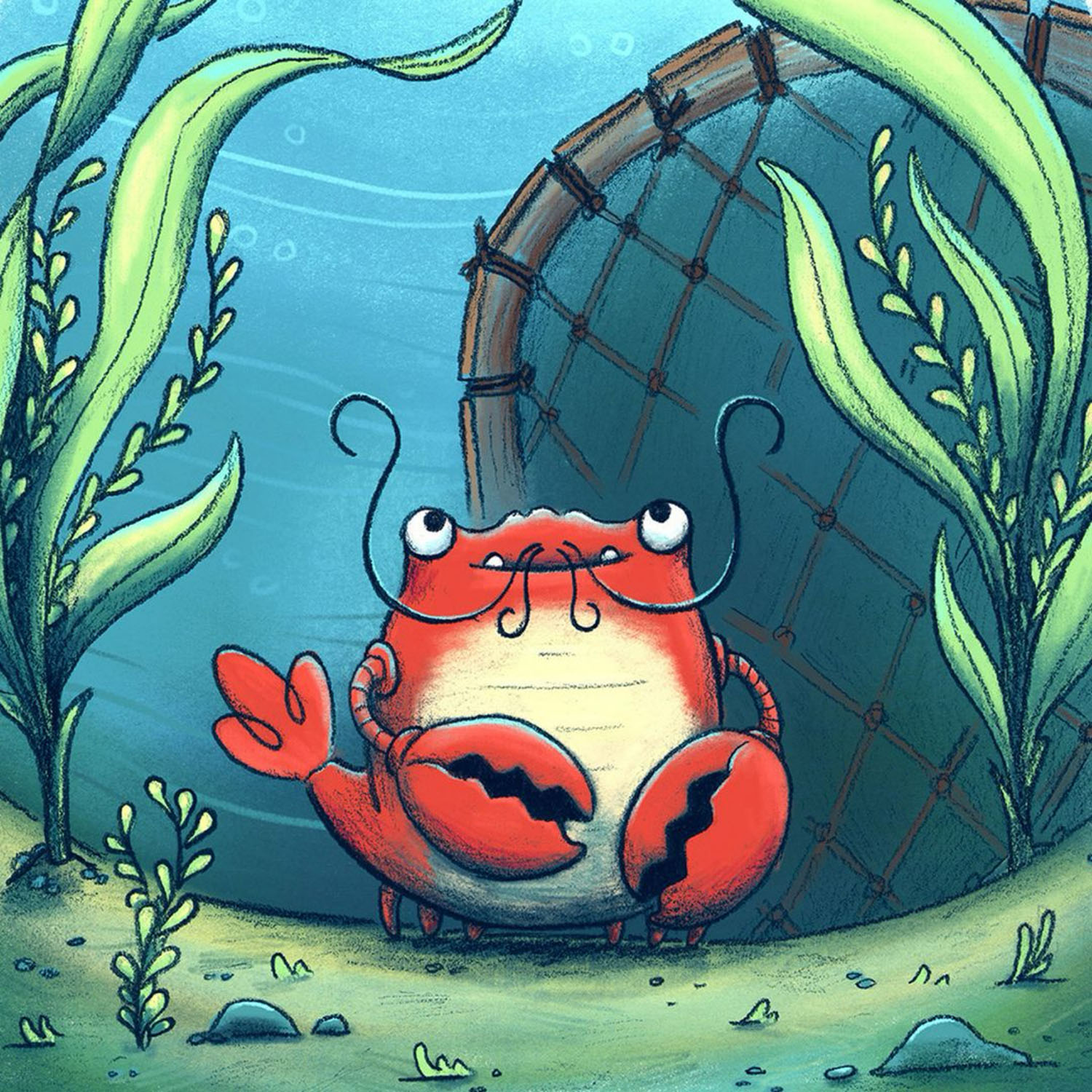 A cute little hopeful lobster looks up from his home on the ocean floor. Fun modern cartoony children's book art illustrated by Taylor Woolley, an author and illustrator from Atlanta, Illinois, and Cincinnati Ohio.