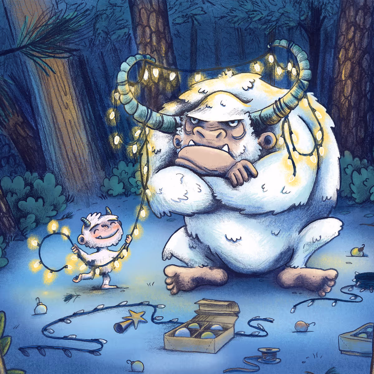 A big grumpy yetti sits in a snowy pine forest while a smaller yetti twirls and dances while she decorates for christmas. Holiday children's book illustration. Fun modern cartoony children's book art illustrated by Taylor Woolley, an author and illustrator from Atlanta, Illinois, and Cincinnati Ohio.