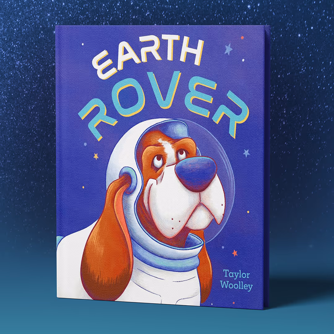 The cover of the picture book Earth Rover showing a Bassett hound in a space helmet on a backdrop of Stars. Children's book about space from author and illustrator Taylor Woolley