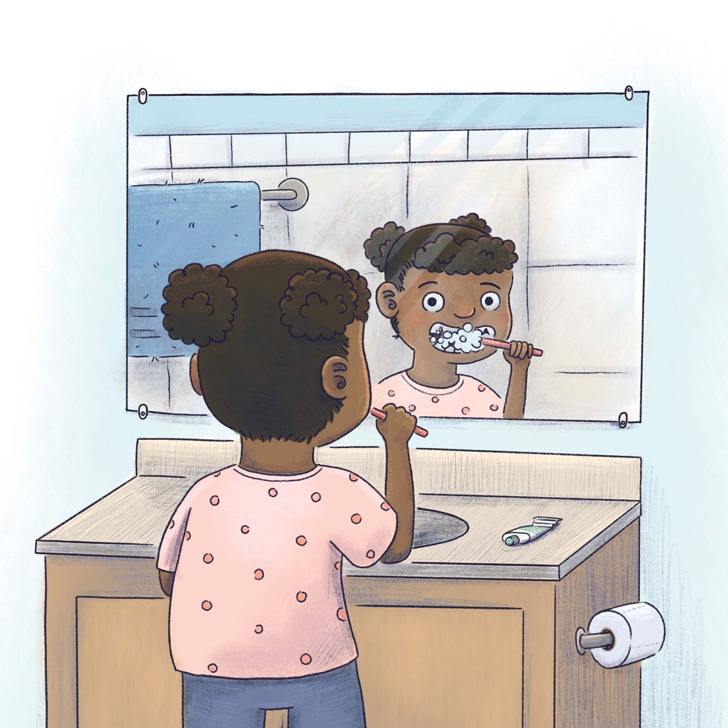 A picture book illustration of a child brushing their teeth in front of a bathroom mirror, getting ready for bed. Fun modern cartoony children's book art illustrated by Taylor Woolley, an author and illustrator from Atlanta, Illinois, and Cincinnati Ohio.