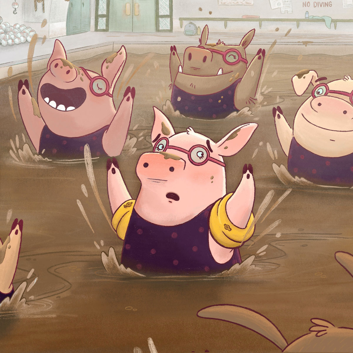 A group of pigs wearing matching swim suits and goggles swim in a pool of mud, creative worldbuilding children's picture book illustration. Fun modern cartoony children's book art illustrated by Taylor Woolley, an author and illustrator from Atlanta, Illinois, and Cincinnati Ohio.
