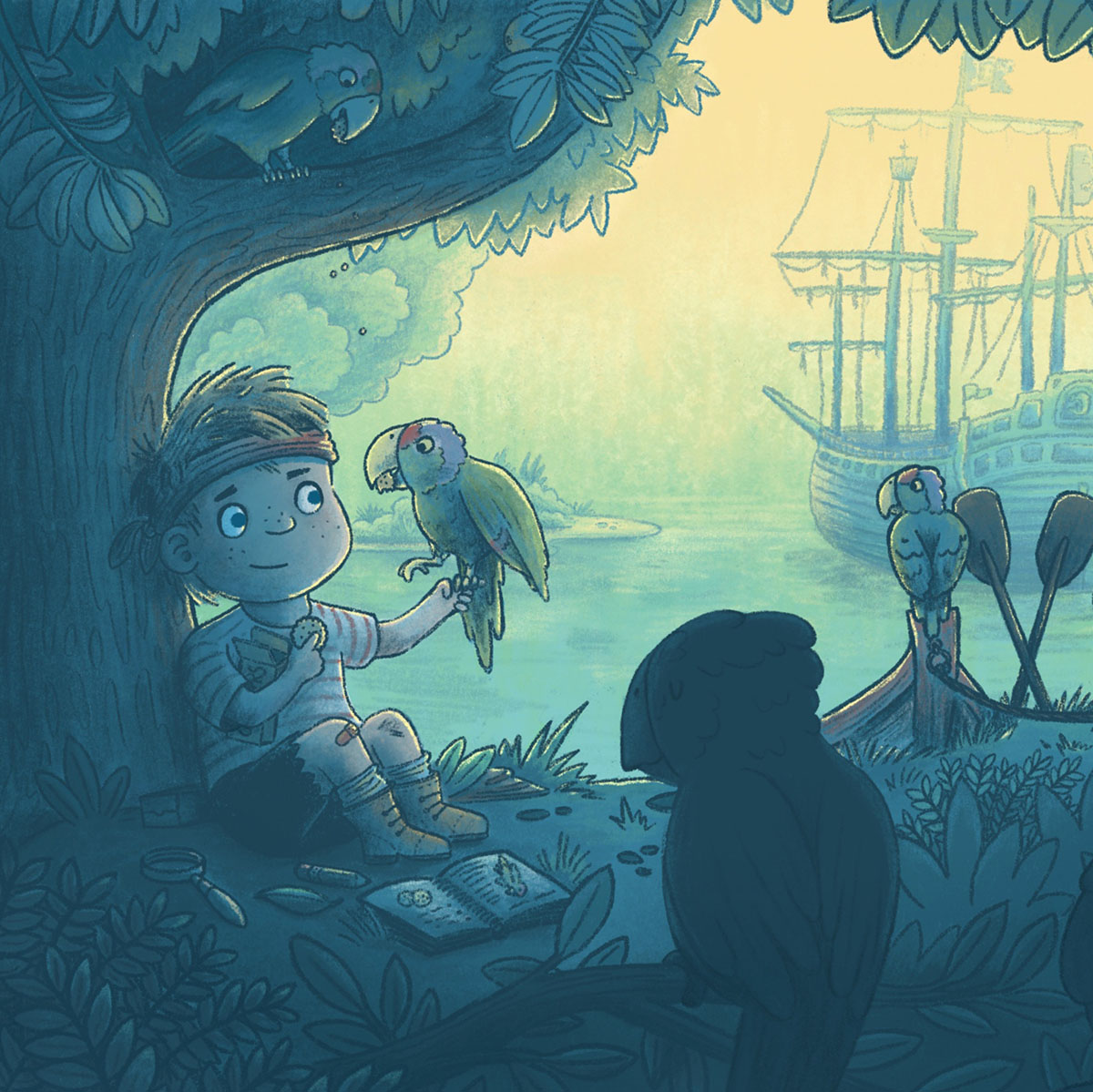 A small boy pirate feeds a cracker to a parrot from the shade of a jungle tree. In the background there is a large pirate ship floating on eerie colorful water. Fun modern cartoony children's book art illustrated by Taylor Woolley, an author and illustrator from Atlanta, Illinois, and Cincinnati Ohio.