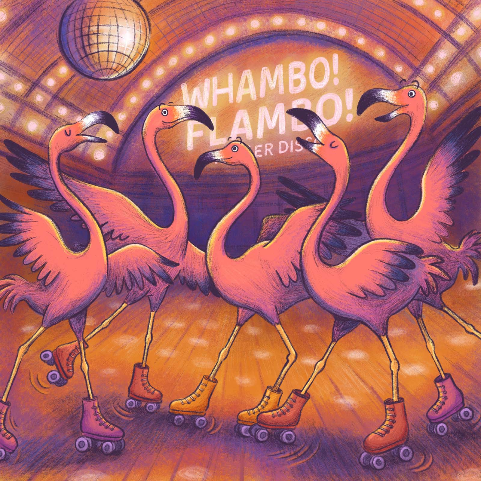 A bright, warm, energetic illustration of flamingoes dancing at a roller disco wearing roller skates. Fun modern cartoony children's book art illustrated by Taylor Woolley, an author and illustrator from Atlanta, Illinois, and Cincinnati Ohio.