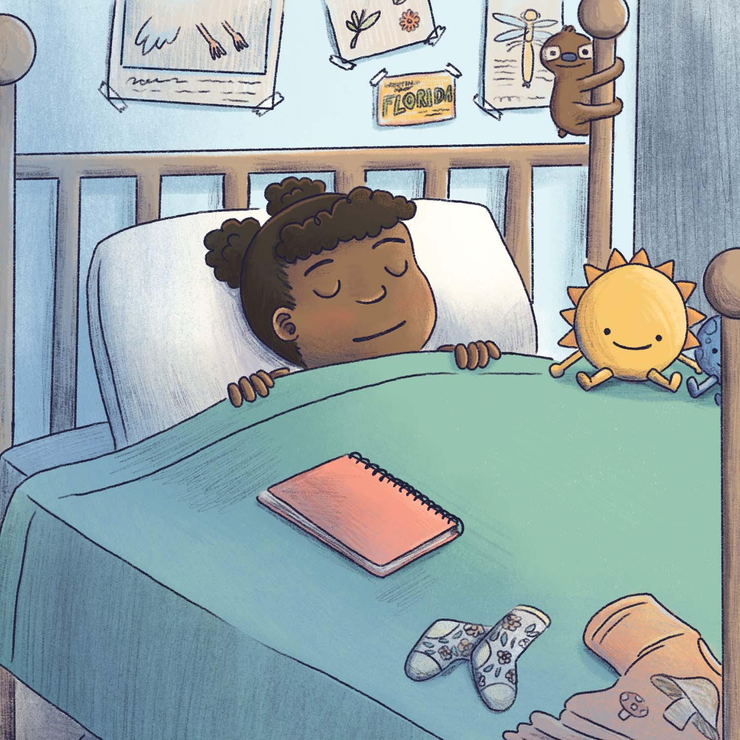 A children's book illustration showing a girl sleeping in her bed surrounded by science toys, posters, and clothes. Fun modern cartoony children's book art illustrated by Taylor Woolley, an author and illustrator from Atlanta, Illinois, and Cincinnati Ohio.