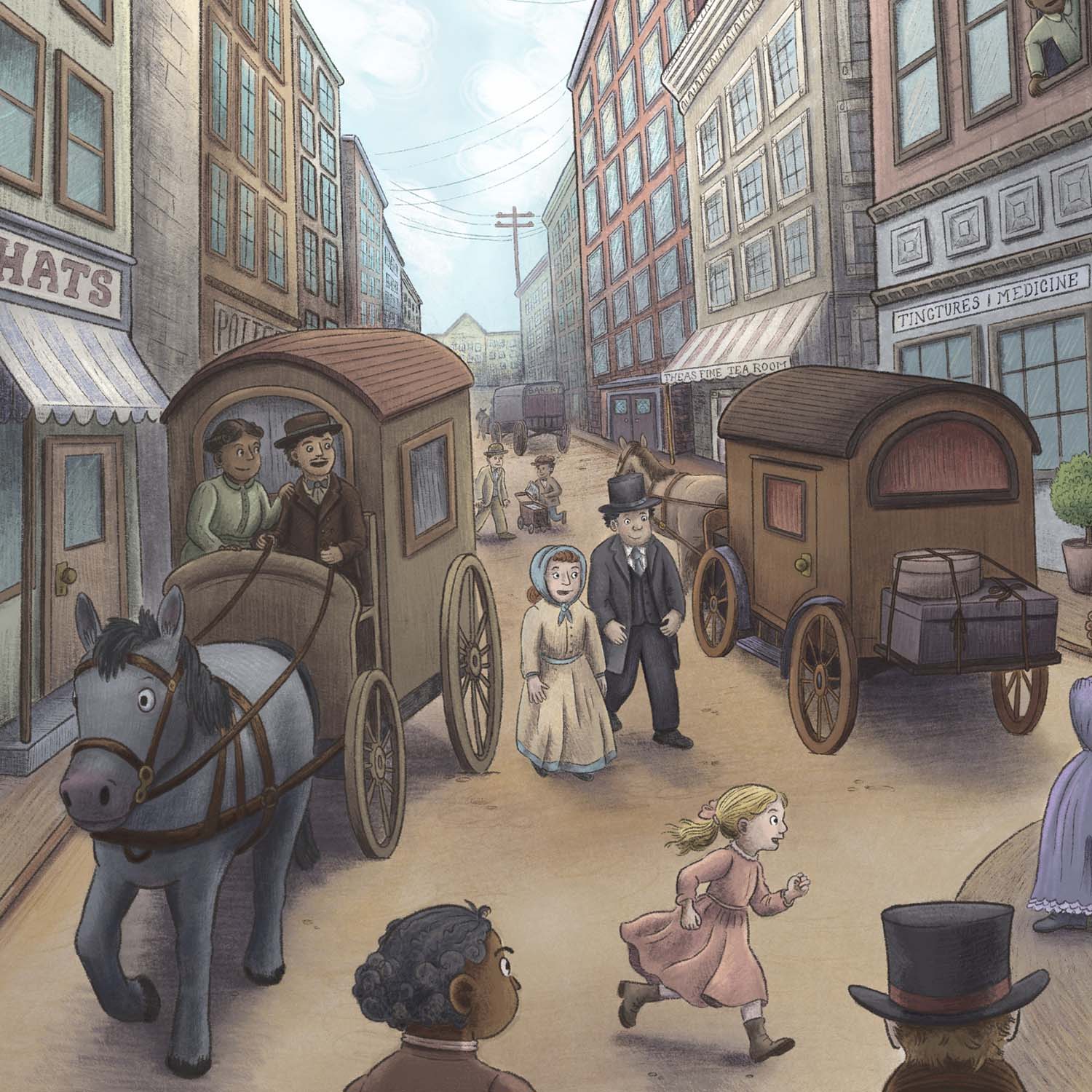 An american late 1800s street scene with people, buildings, and carrages. Historical illustration for picture books. Fun modern cartoony children's book art illustrated by Taylor Woolley, an author and illustrator from Atlanta, Illinois, and Cincinnati Ohio.