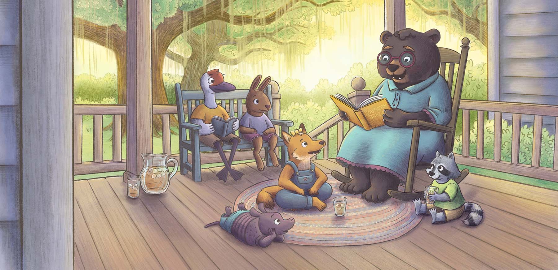 A mother bear reads a story to woodland creatures, a fox, raccoon, armadillo, sandhill crane and rabbit while sitting on a porch sipping sweet tea in front of a backdrop of live oak trees draped with spanish moss. A classic south eastern united states storytelling scene. Fun modern cartoony children's book art illustrated by Taylor Woolley, an author and illustrator from Atlanta, Illinois, and Cincinnati Ohio.