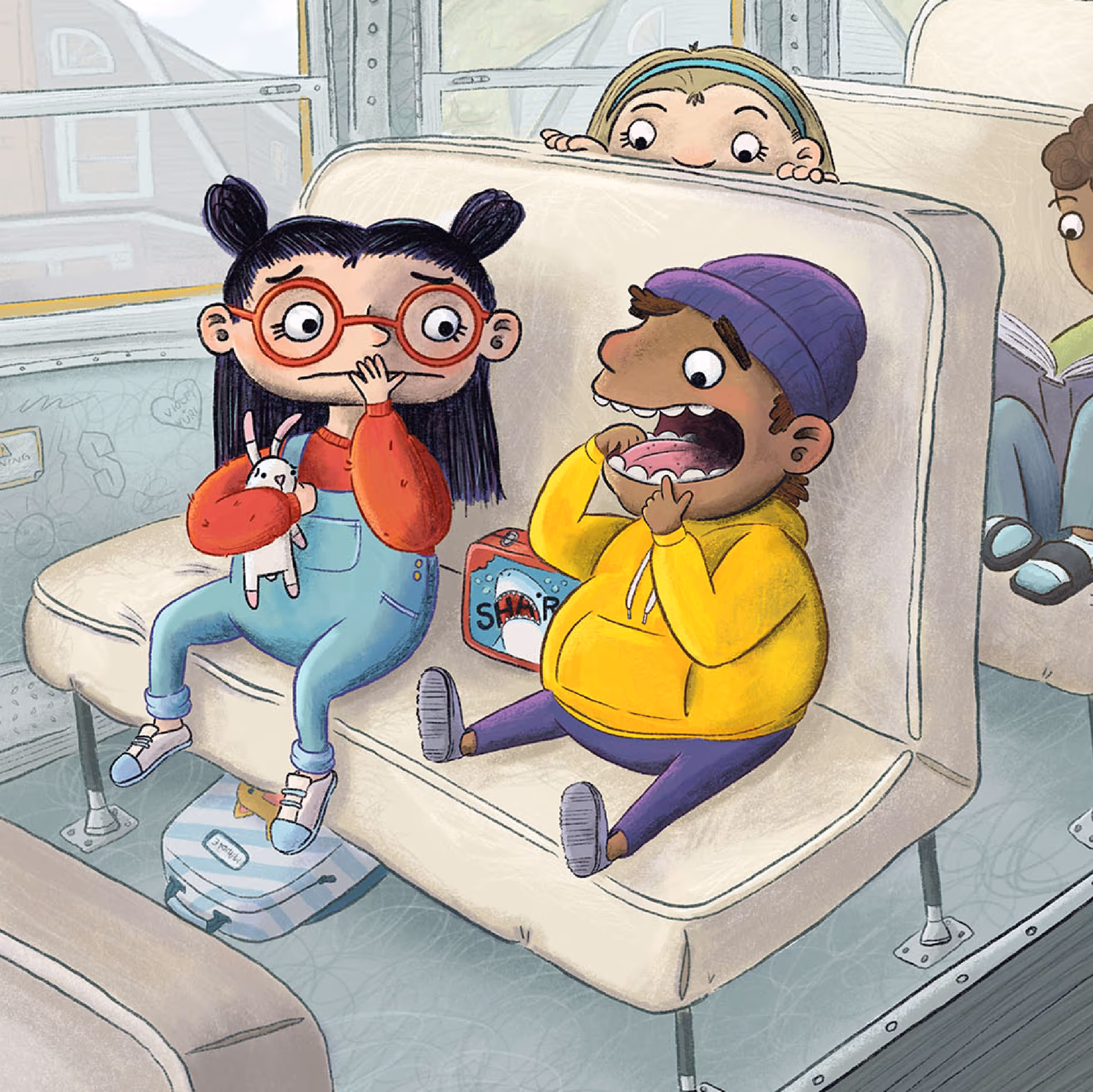 Two kids gossip on the school bus. Emotion and expression, humor. Fun modern cartoony children's book art illustrated by Taylor Woolley, an author and illustrator from Atlanta, Illinois, and Cincinnati Ohio.