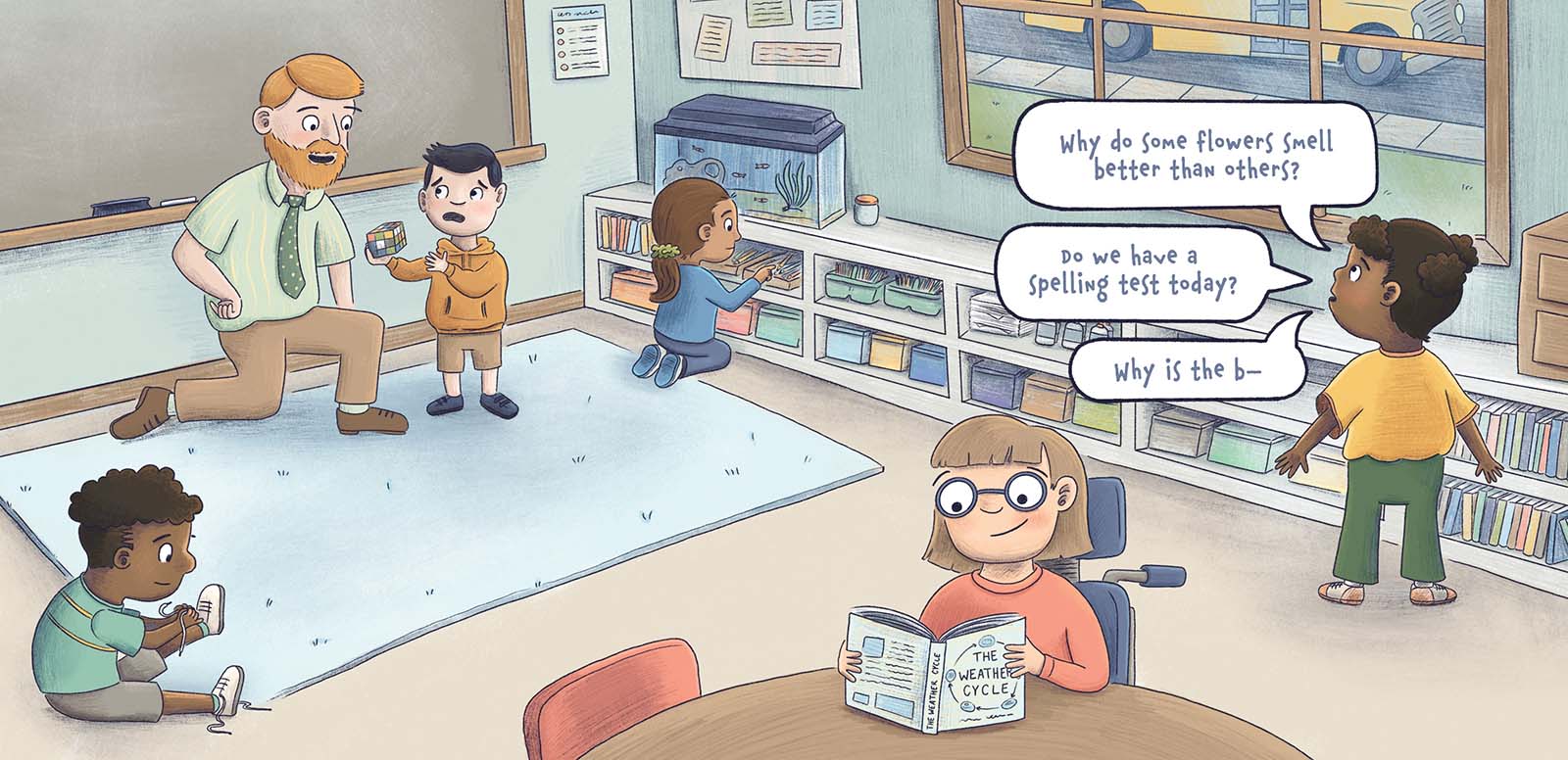A classroom of diverse children are doing various school activities, word bubbles. Fun modern cartoony children's book art illustrated by Taylor Woolley, an author and illustrator from Atlanta, Illinois, and Cincinnati Ohio.