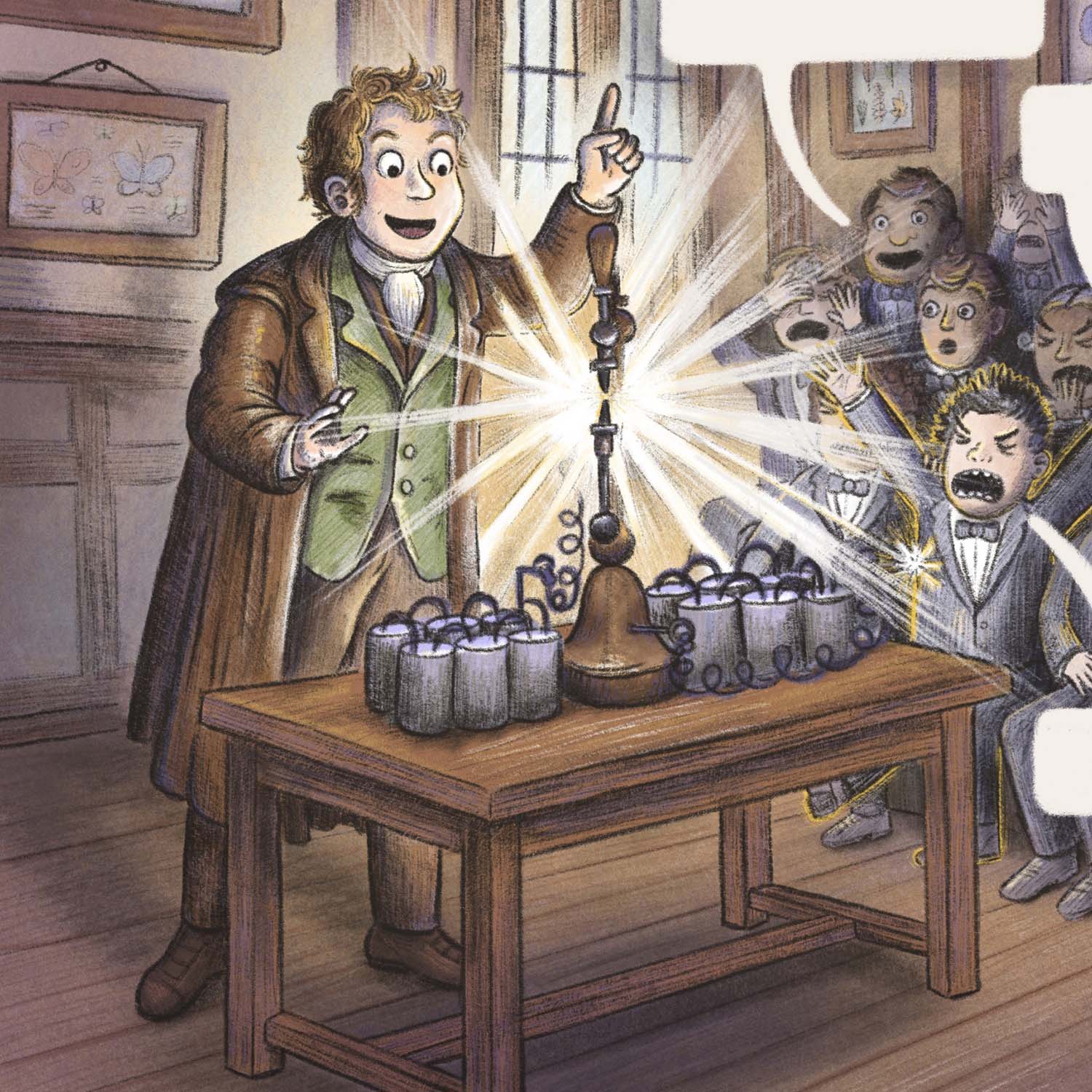 A children's book illustration of Humphry Davies presenting his arc light to Londoners in the year 1815. Fun modern cartoony children's book art illustrated by Taylor Woolley, an author and illustrator from Atlanta, Illinois, and Cincinnati Ohio.