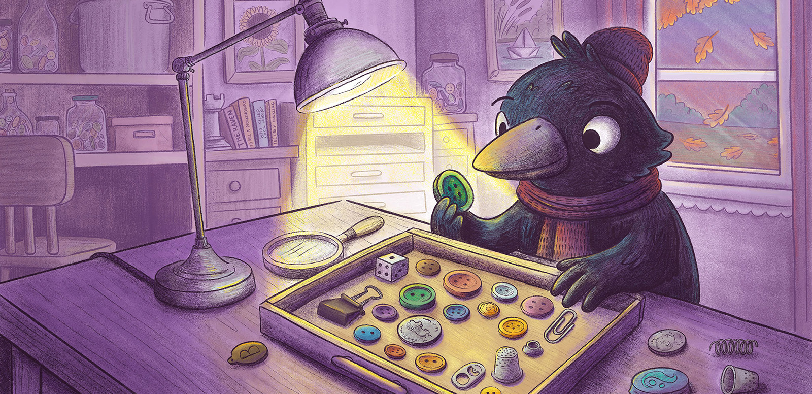 A crow sits at a desk admiring his trinkets. Fun modern cartoony children's book art illustrated by Taylor Woolley, an author and illustrator from Atlanta, Illinois, and Cincinnati Ohio.