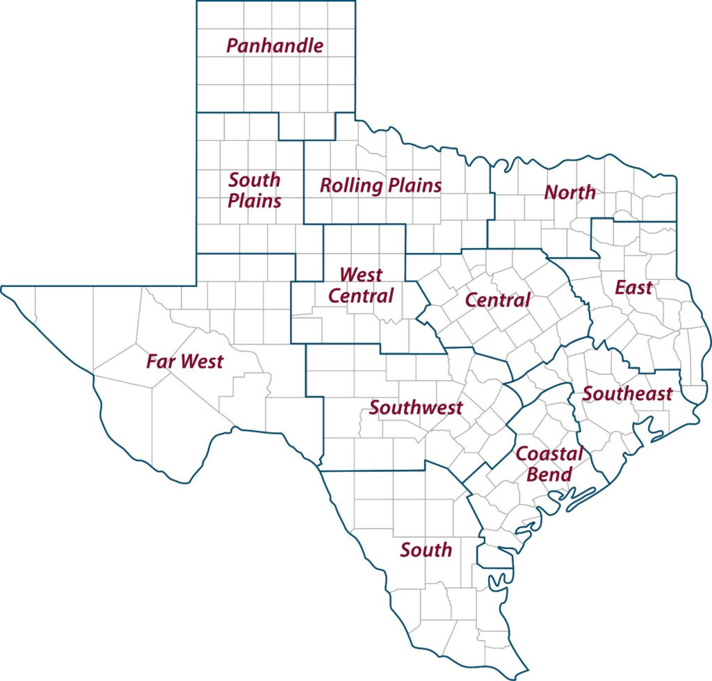 A map of Texas showing the 12 Texas A&M AgriLife Extension Service districts by region.