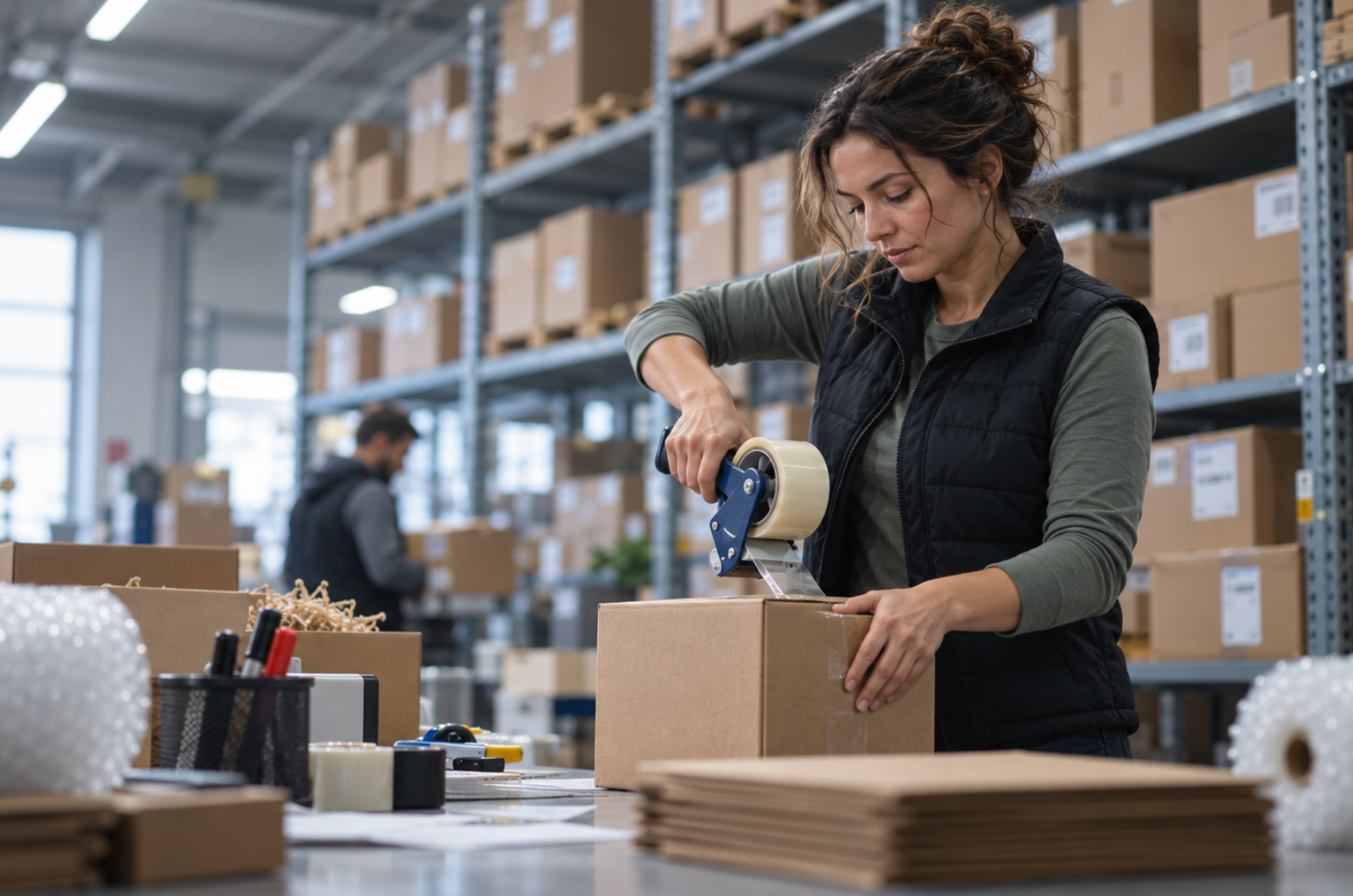 Warehouse worker packing a customer order into a shipping box at a fulfillment station