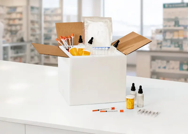 Insulated pharmacy shipper with vials, syringes and a water cold pack