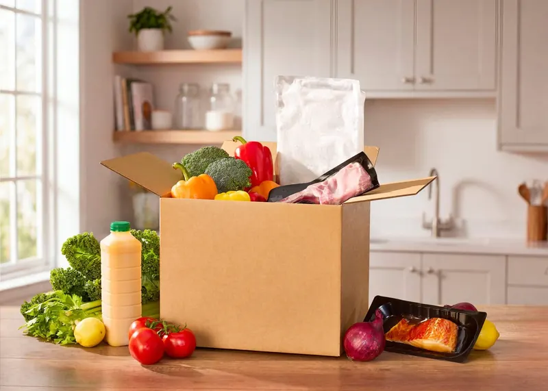 Meal kit box with fresh produce, meat and fish chilled by a water cold pack