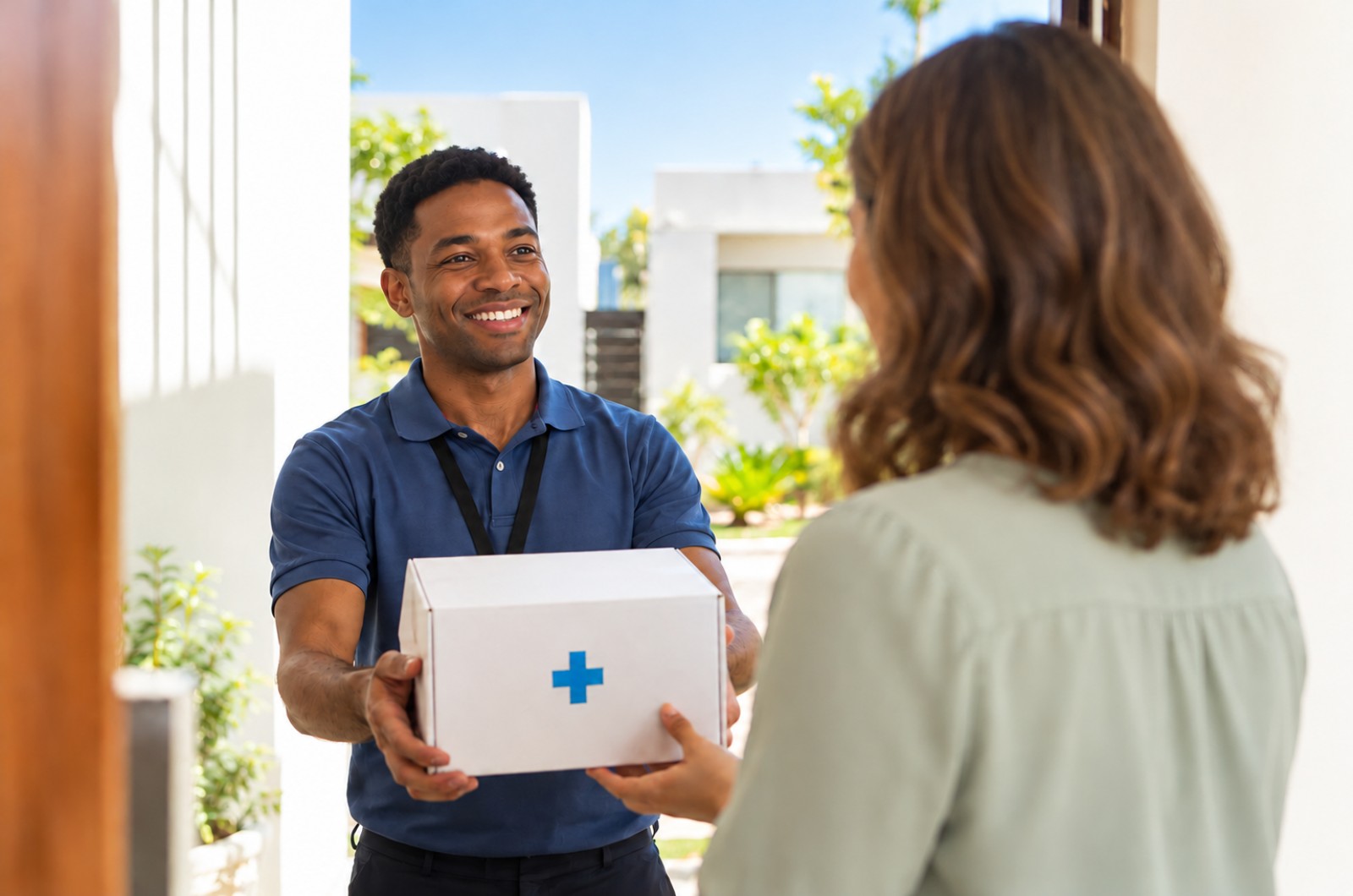 Courier handing a pharmacy box with temperature-sensitive medication to a patient at her front door