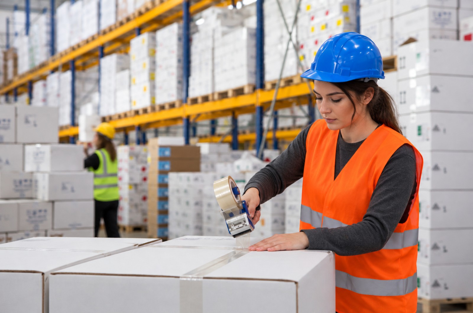 Fulfillment worker taping a shipping box in a warehouse with stacked cartons on storage racks