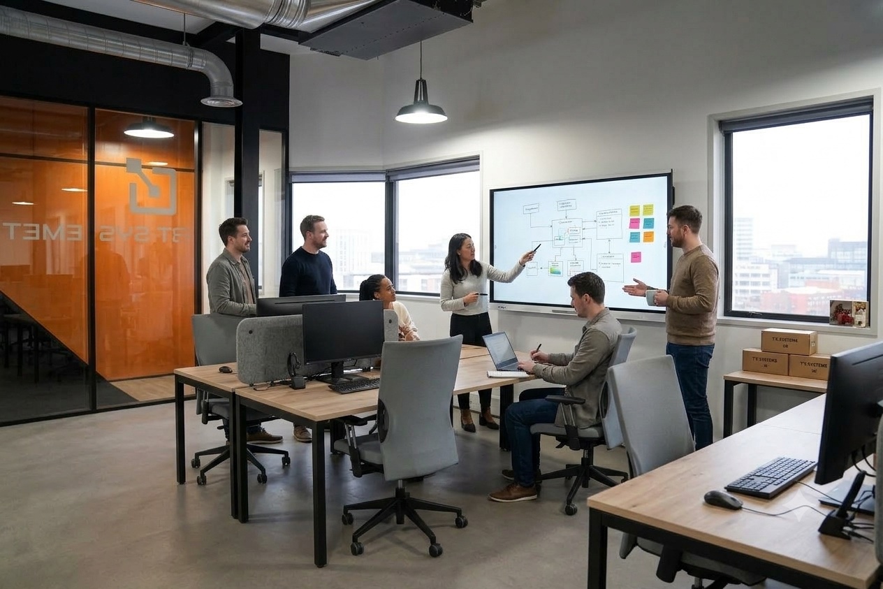 IT Security Governance and Steering Meeting in an Open-Plan Office