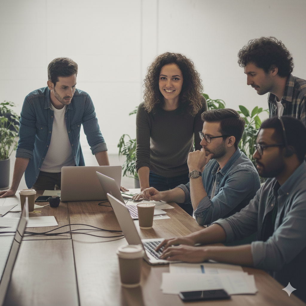 Un groupe de personnes assises autour d'une table avec des ordinateurs portables.